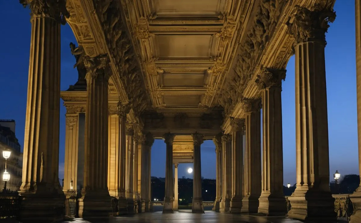 Colonnade d'un palais parisien la nuit, la pleine lune entre deux colonnes