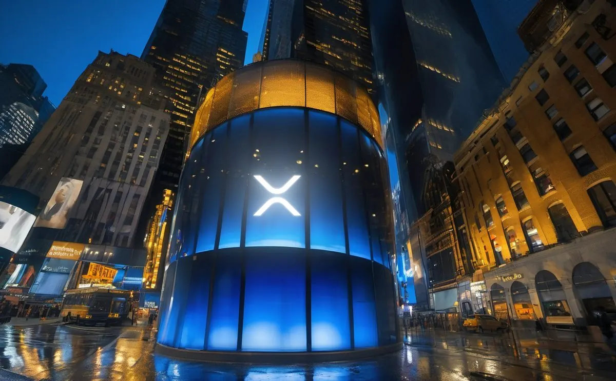 Tour ronde couverte d'écrans bleus à Times Square la nuit, le logo XRP allumé sur l'écran géant