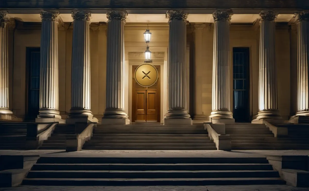 Palais de justice à colonnes la nuit, médaillon XRP en laiton sur la porte